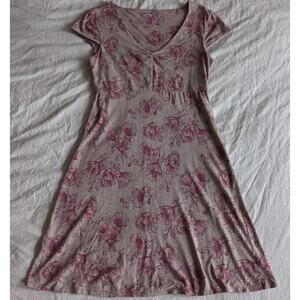 Toad & Co Rosemarie Beige Burgundy Floral Cap Sleeve Cotton Stretch Dress Size M